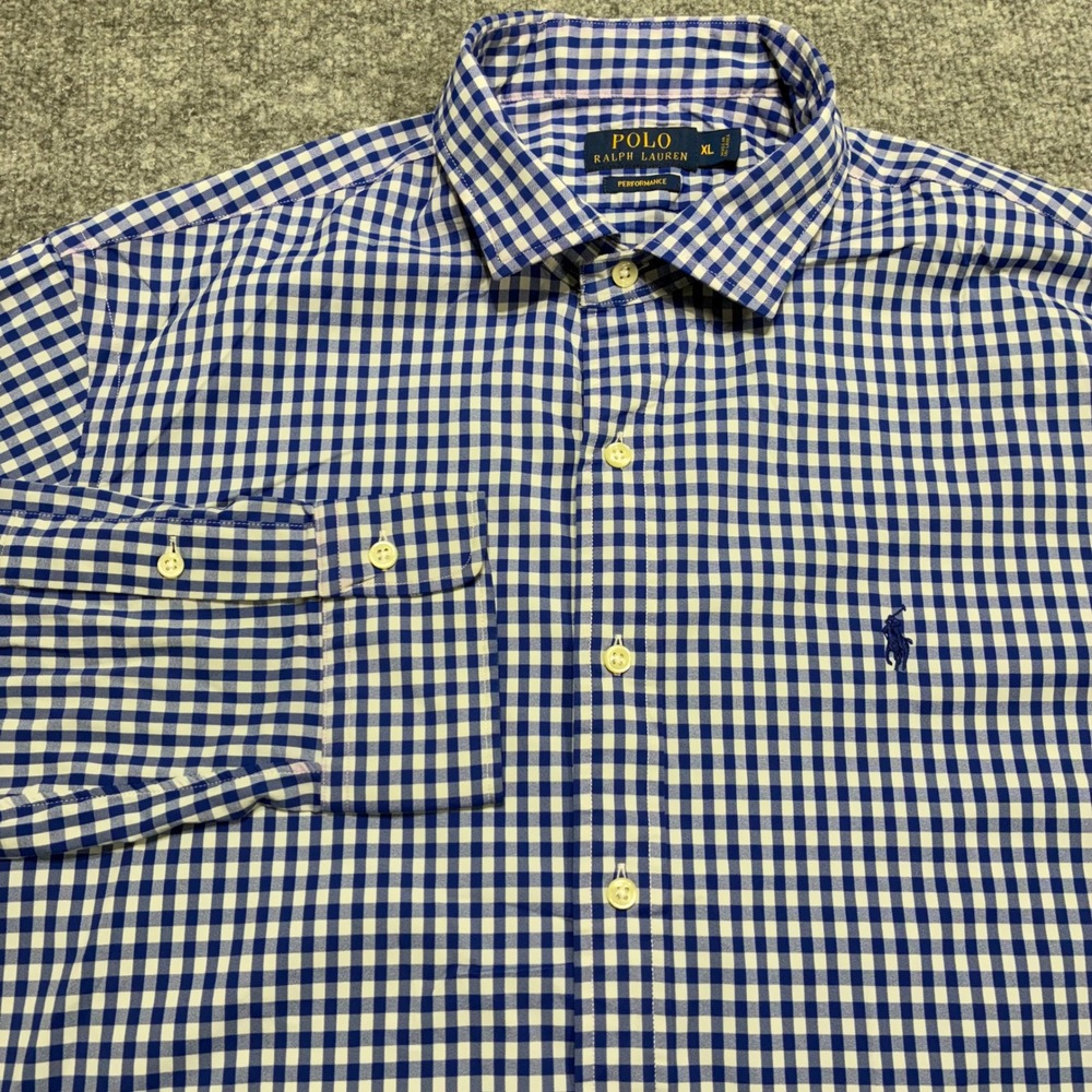 Polo Ralph Lauren Performance Dress Shirt Mens XL White Blue Gingham Button Down